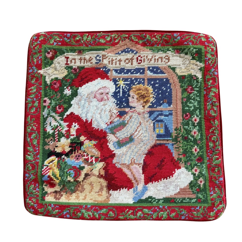 Vintage Santa Spirit of Giving Needlepoint Christmas Pillow Cover Red Velvet